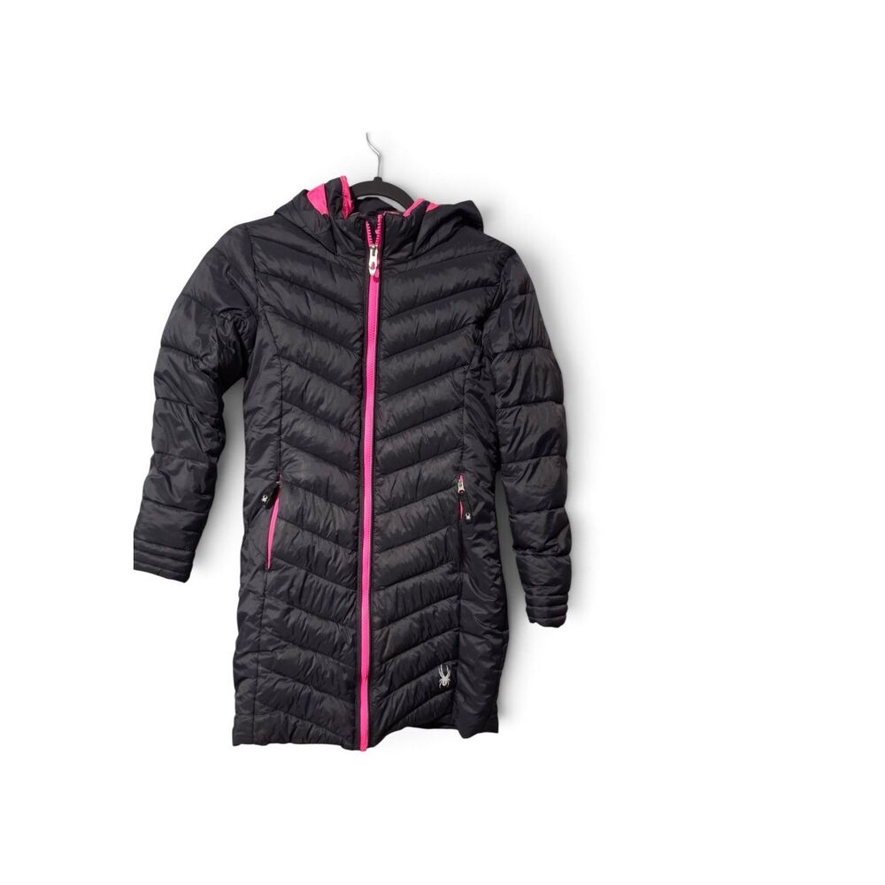Spyder Girls Size 10/12 Puffer Ski Jacket Black Pink Hood Winter Coat